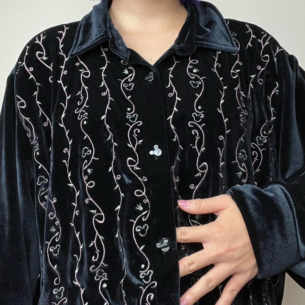Disney Store Black Velvet Embroidered Mickey Mouse Floral Vine Button Up Shirt L